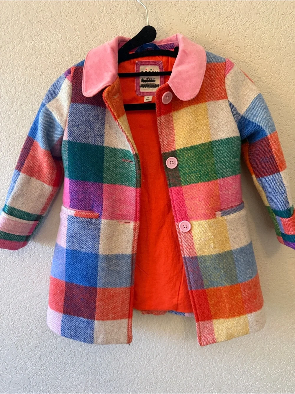 Mini Boden Multicolor Plaid Wool Blend Coat with Pink Collar